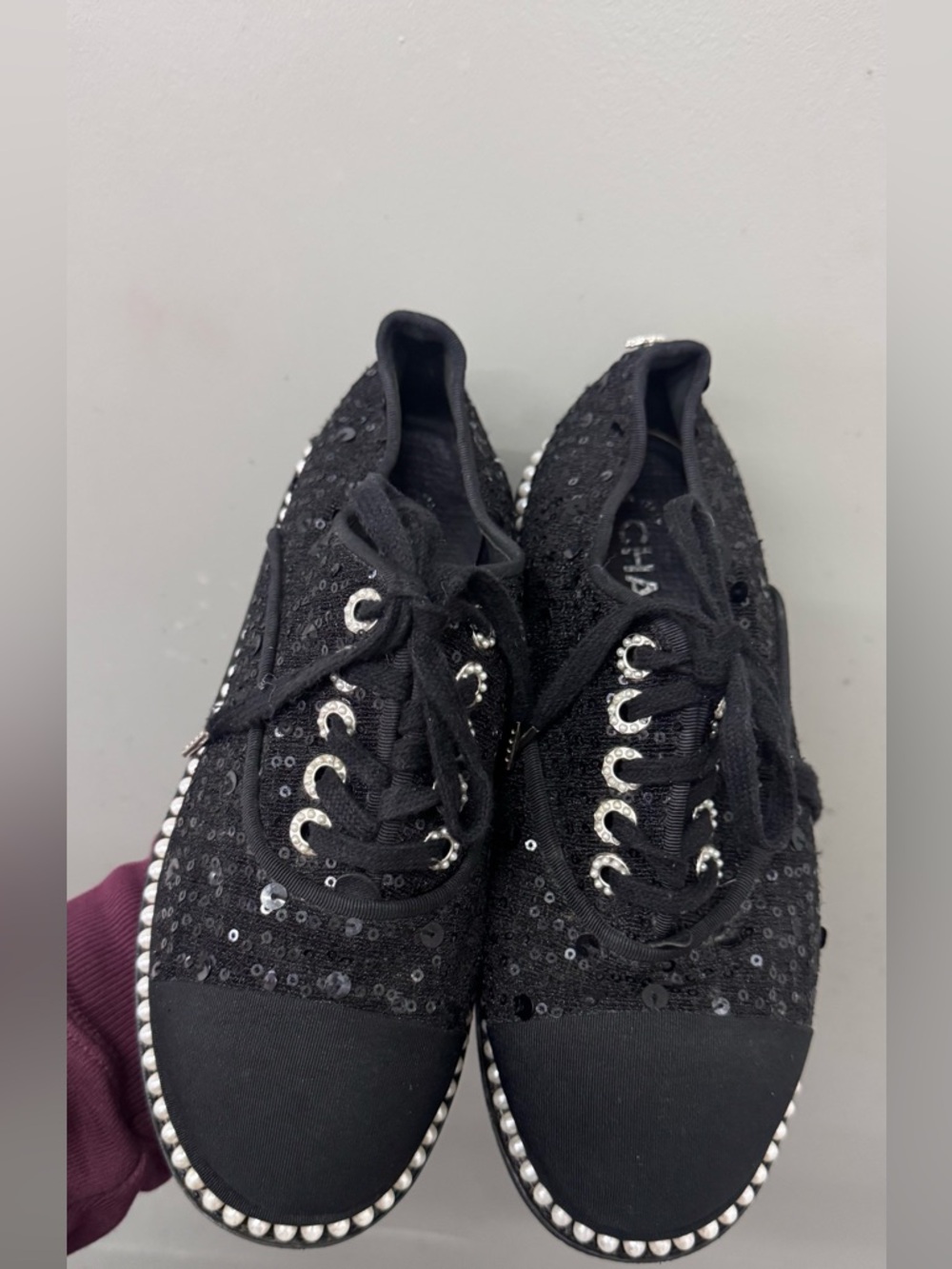 Chanel Black Tweed Sequins Lace Up Pearl Sneaker Shoes Size 37 /US 7 Auth. - Picture 9 of 10